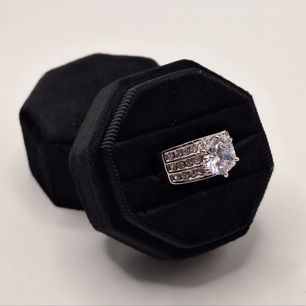 Swarovski Crystal Ring Size 7 | Round Diamond Look Statement Ring | Wide Band - Picture 4 of 16